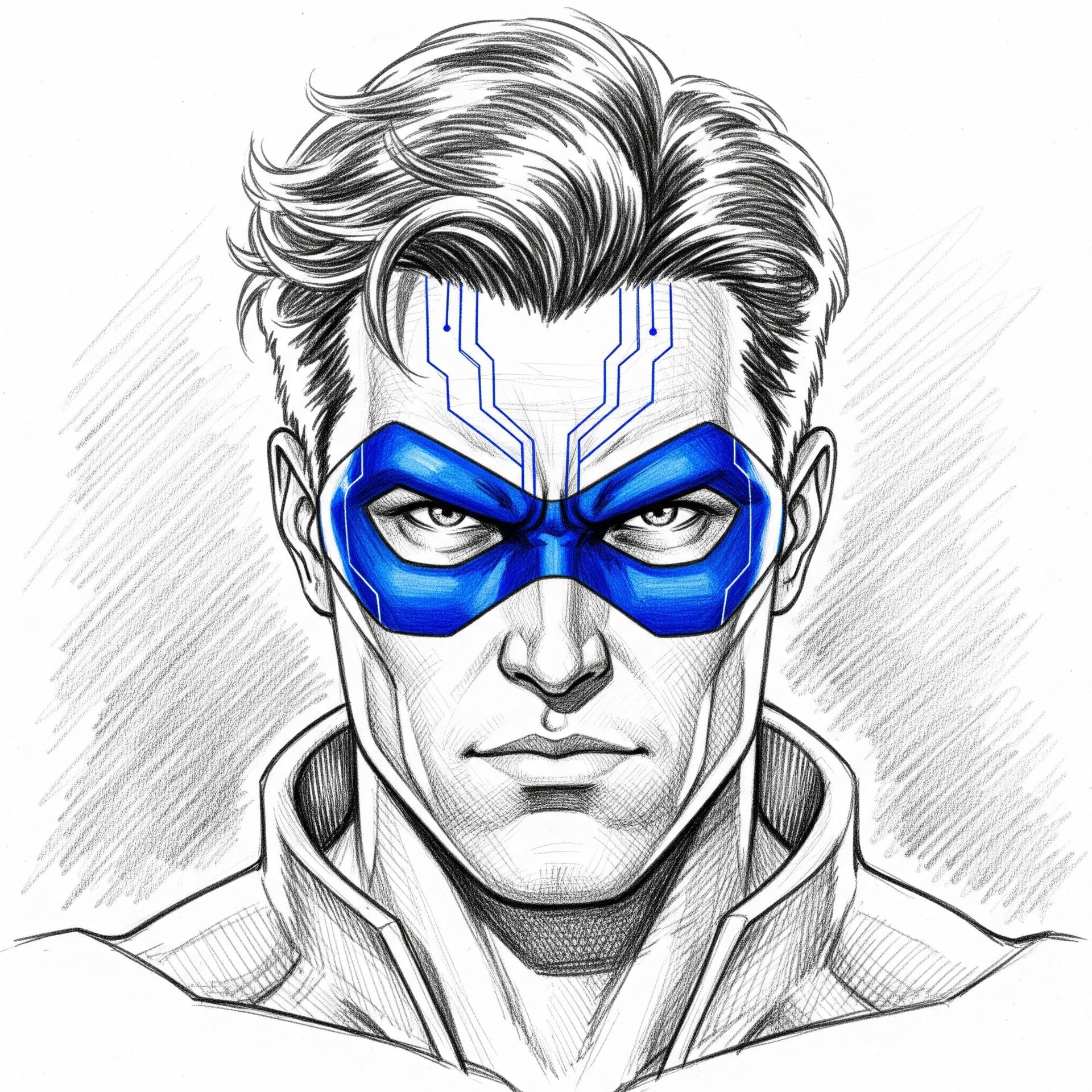 Nightwing, blue mask, stern expression, sketch-style portrait, cybernetic lines on forehead.