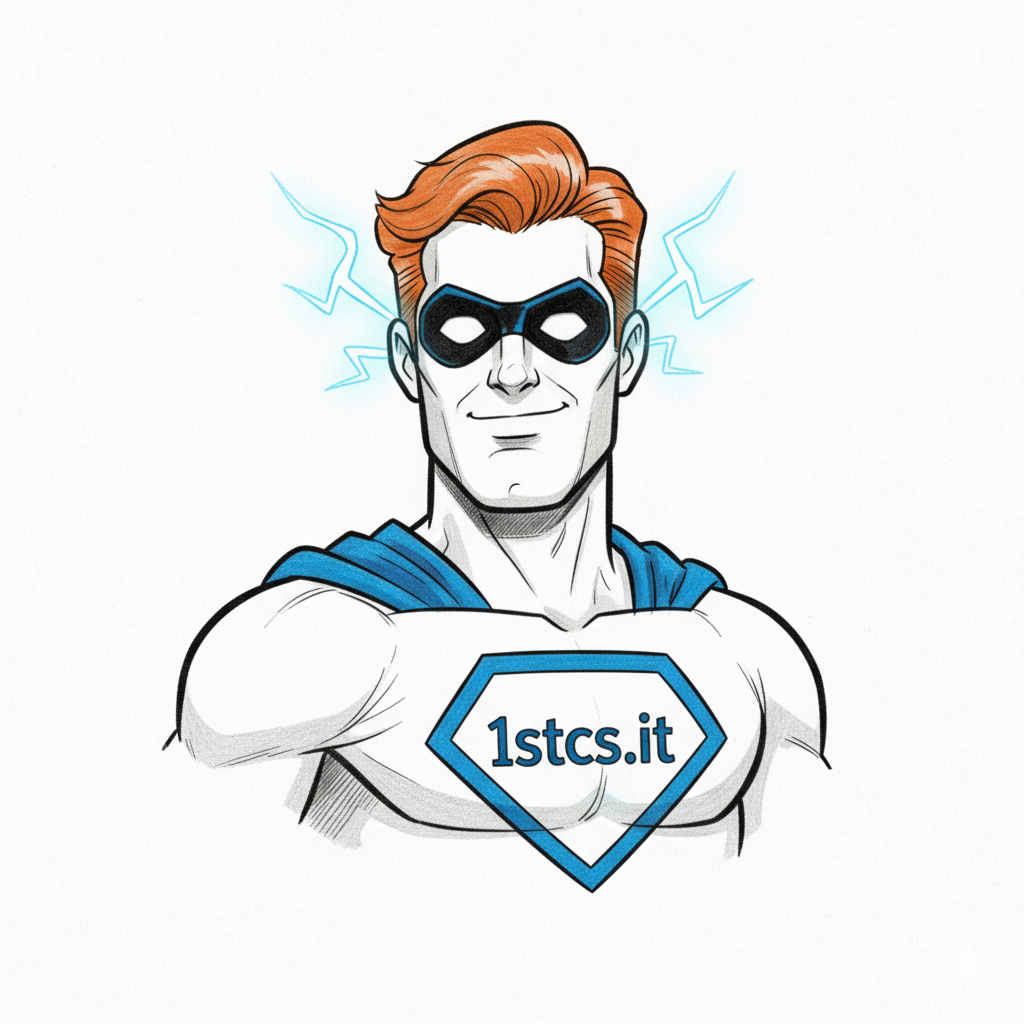 Superhero with orange hair, a blue cape, and a logo on chest, sparks around head, smiling.