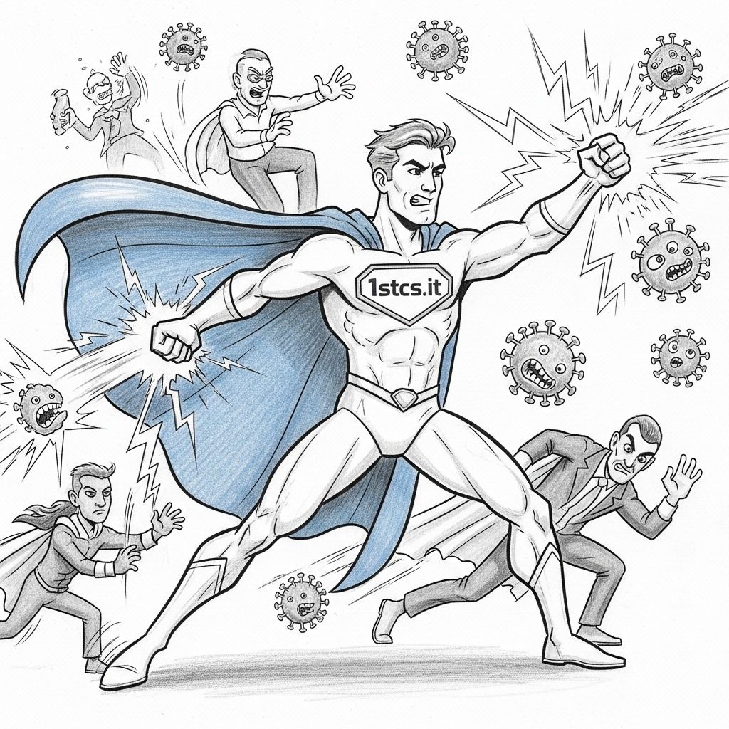 Superhero fighting viruses and villainous figures.