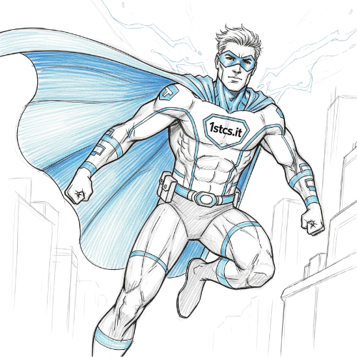 A superhero in a blue and white suit flies over a city. The superhero has the text 