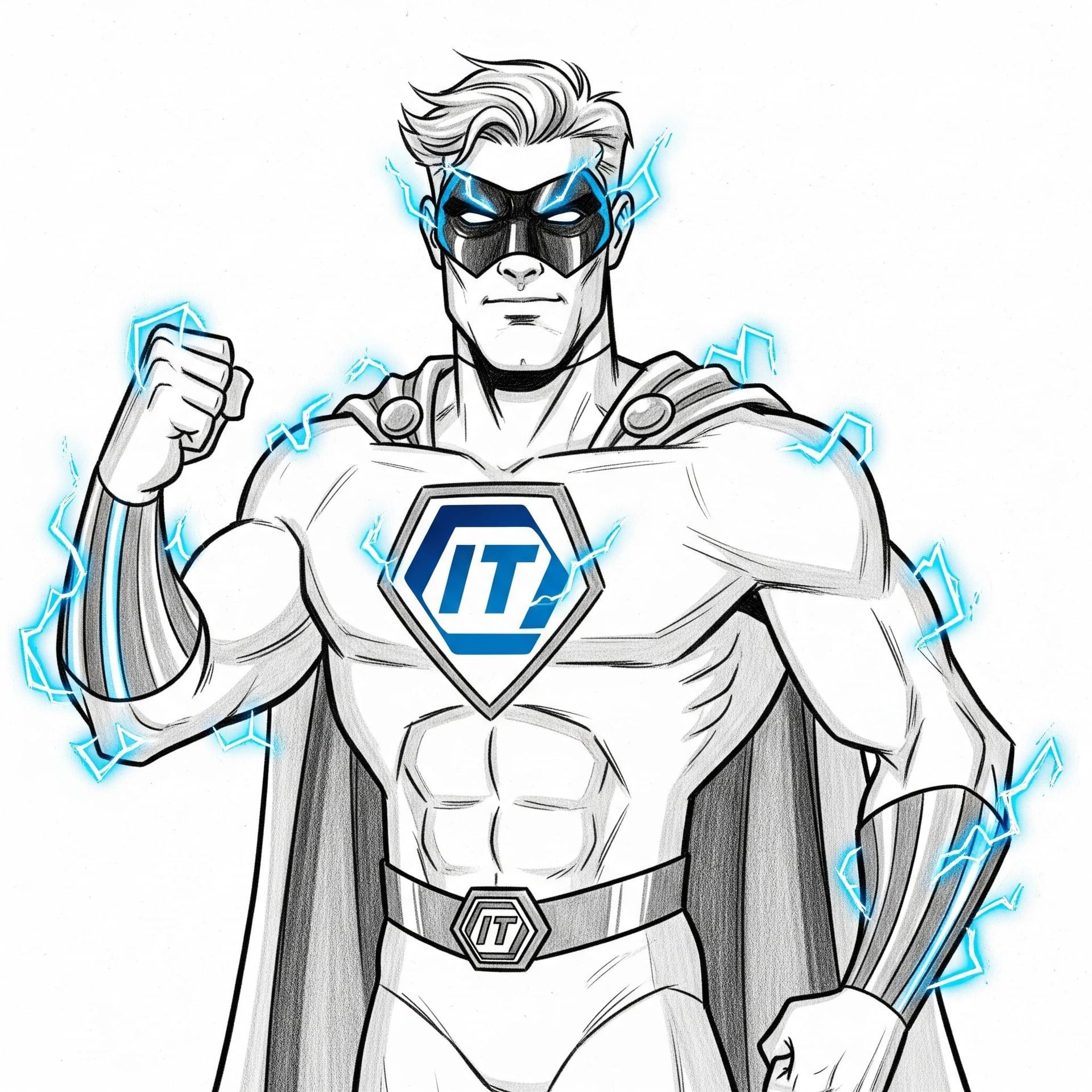 Superhero with IT logo, radiating blue energy; white suit, black mask.