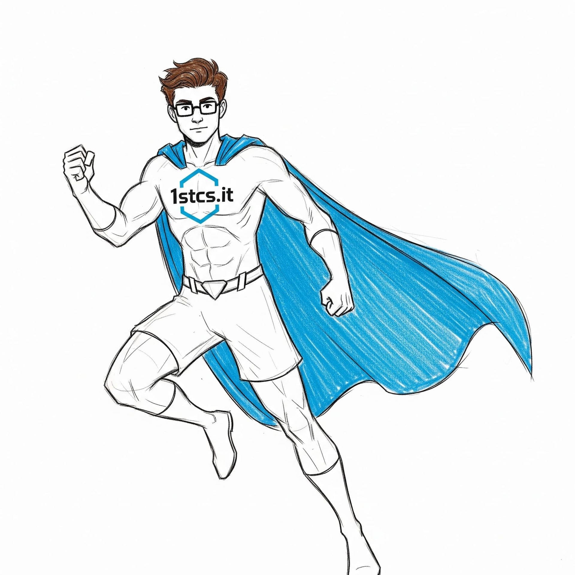Cartoon of a superhero, a man in glasses, with a blue cape and the website address 1stcs.it on his chest.