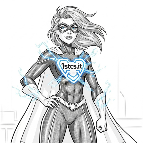 Superheroine with flowing hair, eye mask, cape, and logo on chest, emitting energy.