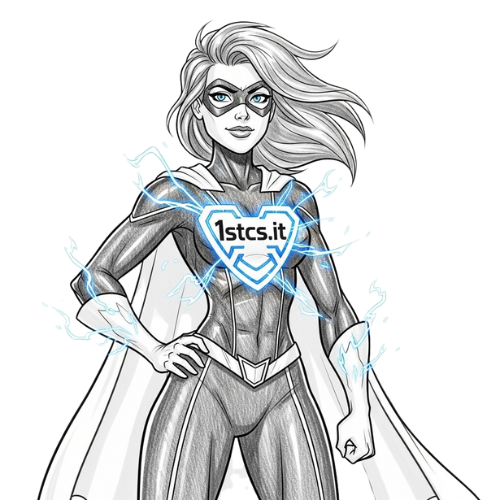 Superheroine with flowing blonde hair and a cape, radiating energy from her chest with the 1stcs.it logo.