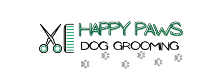 The logo for happy paws dog grooming shows a pair of scissors and a comb.