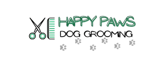 The logo for happy paws dog grooming shows a pair of scissors and a comb.