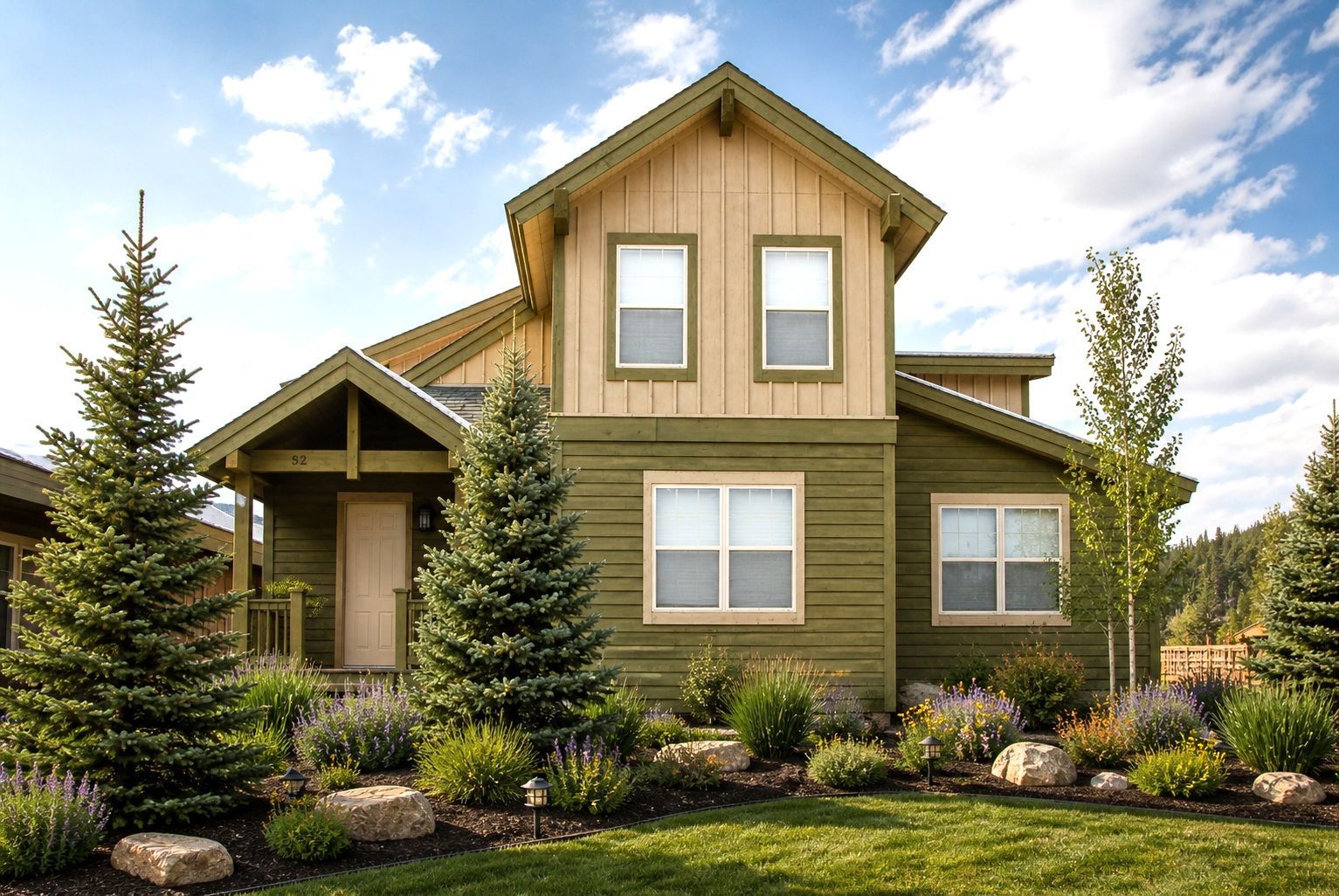 Green house with tan trim, gabled roof, and landscaped front yard under a bright sky