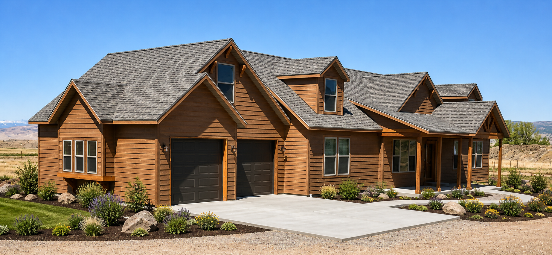 Rustic brick ranch-style house with a gabled roof, garage, and desert landscaping