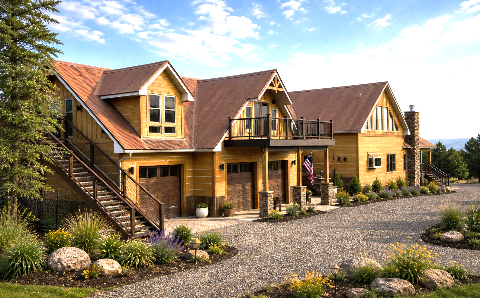 Sunlit wooden cabin homes with red roofs beside a gravel driveway and garden by the coast