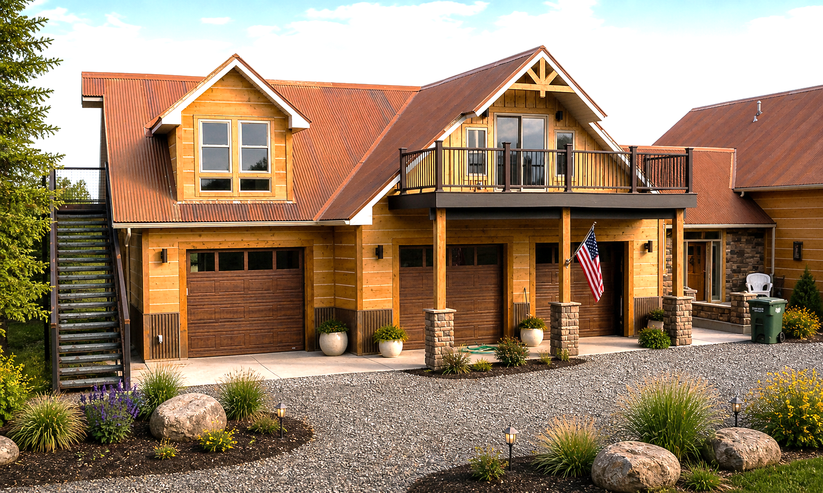 Rustic wooden house with gabled roof, balcony, garage, and American flag in a gravel yard