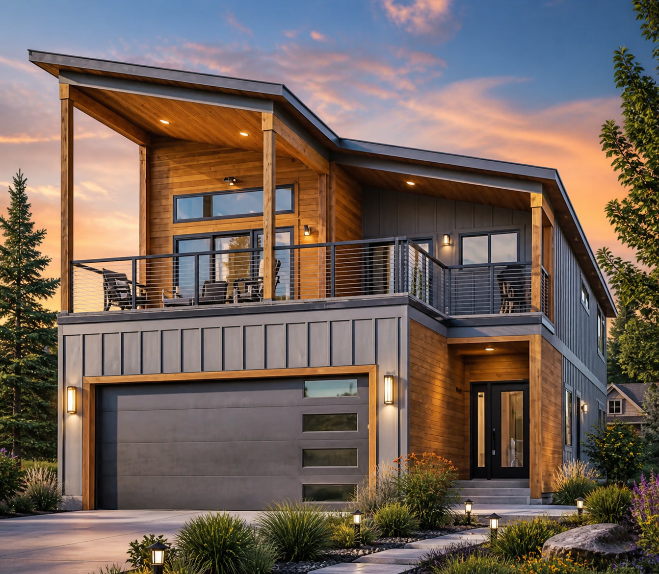 Modern two-story house with wood and gray siding, a balcony, and warm lights at sunset