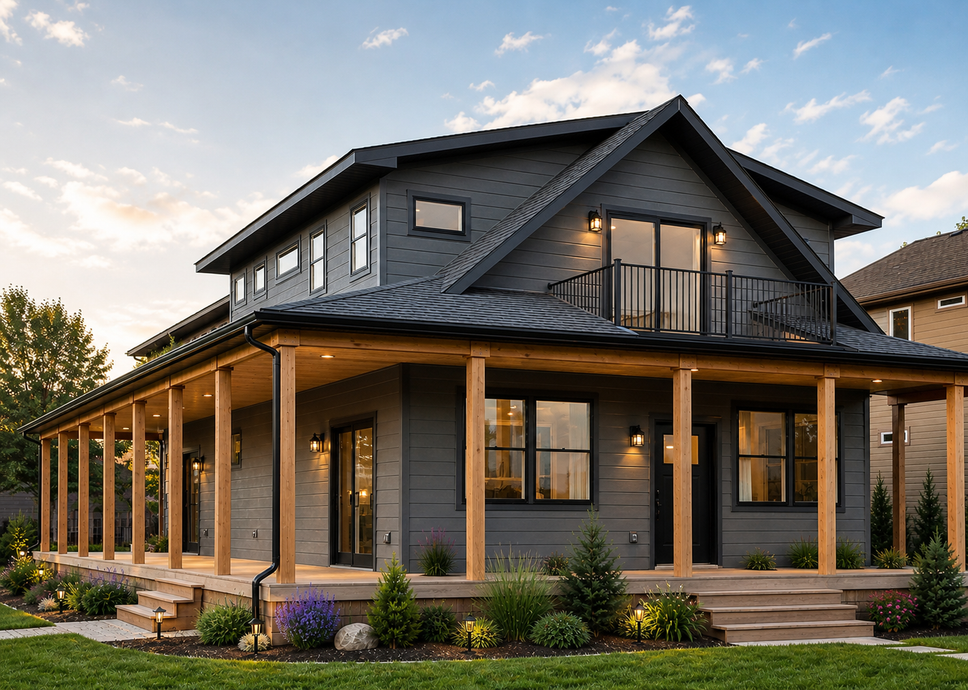 Modern two-story house with dark siding, wraparound porch, and landscaped front yard at sunset