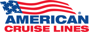 Logo for American Cruise Lines featuring a stylized American flag with blue text 