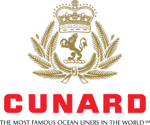 Cunard logo: Gold crown and lion emblem over the red word 