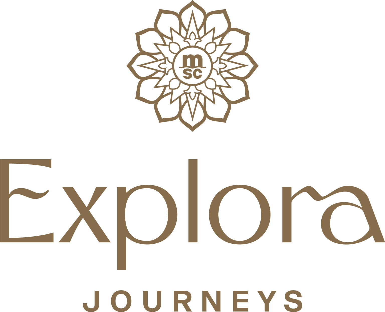 Logo for Explora Journeys, featuring a floral design above the name in a brown hue. The text 