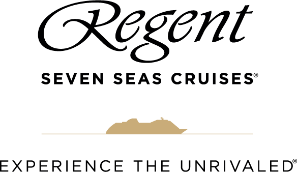 Regent Seven Seas Cruises logo on a black background, with white script and sans-serif text.