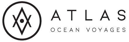 Logo for Atlas Ocean Voyages, featuring a circular emblem with a diamond-shaped design inside and the company name.