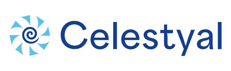 The celestial logo is blue and white with a sun in the middle.