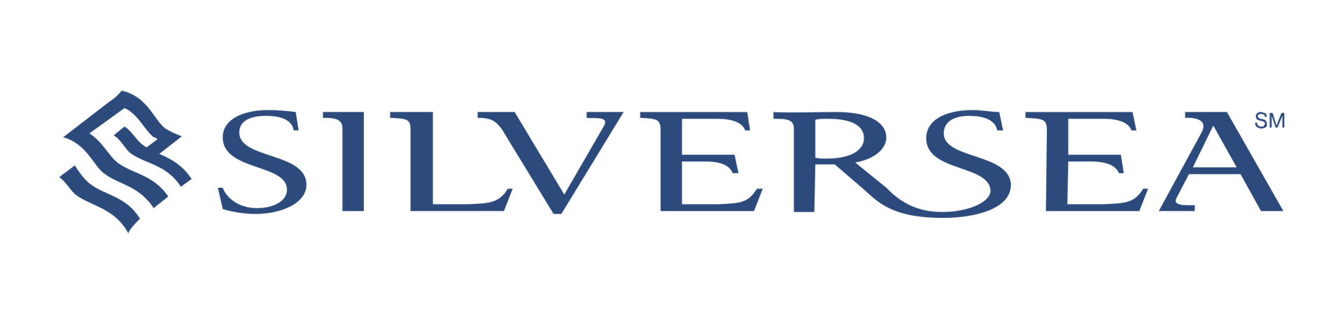 Logo for Silversea, a cruise line, with a blue stylized wave symbol and the company name in blue lettering.