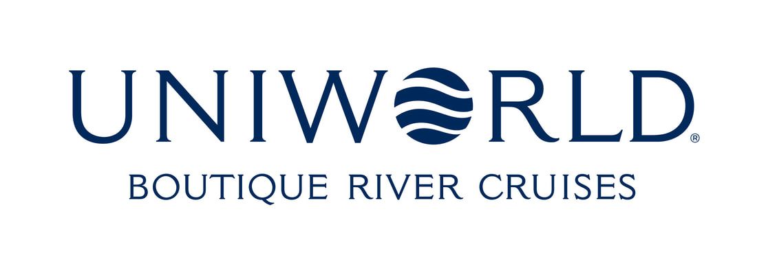 Logo for Uniworld Boutique River Cruises. The text is dark blue on a white background, and features a stylized globe graphic made of waves.