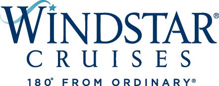 Windstar Cruises logo with blue text, a curved line design, and a star, with the tagline 