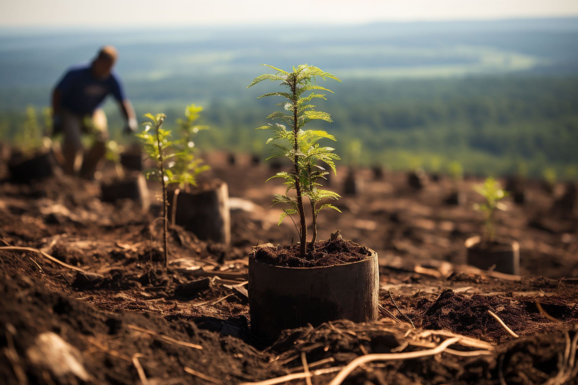 Man planting young trees on a hillside. Green saplings in foreground, forest in the distance.