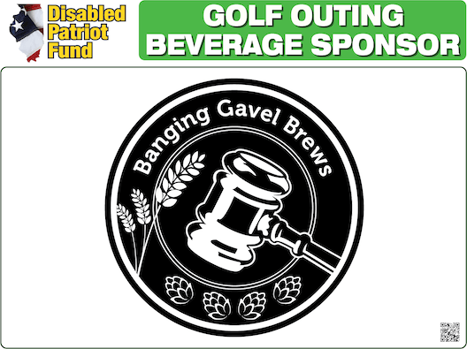 A logo for golf outing beverage sponsor banging gavel brews