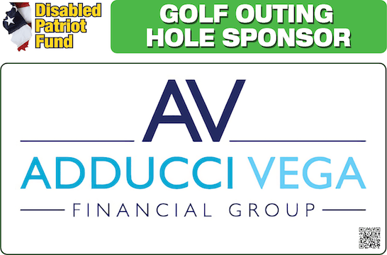 A golf outing hole sponsor sign for adducci vega financial group