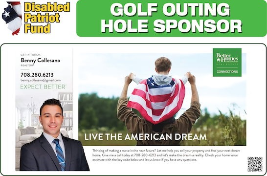 An ad for a golf outing hole sponsor for the disabled patriot fund