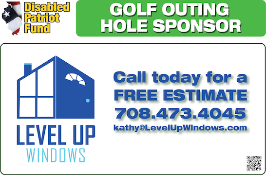 A sign that says golf outing hole sponsor level up windows