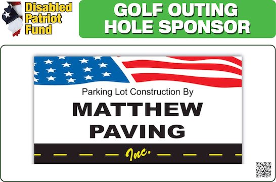A golf outing hole sponsor sign for matthew paving