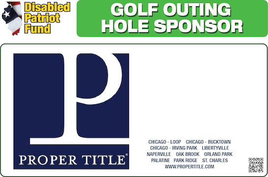 A sign that says golf outing hole sponsor proper title