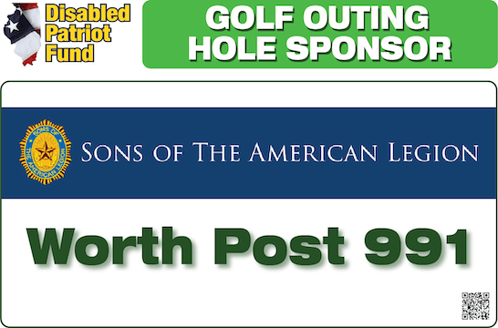 A golf outing hole sponsor sign for the sons of the american legion