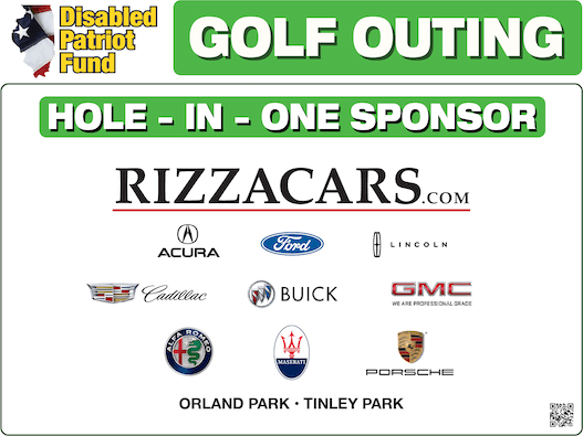 A sign that says golf outing hole in one sponsor rizzacars.com