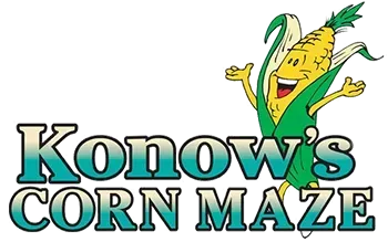 A logo for konow 's corn maze with a smiling corn on the cob