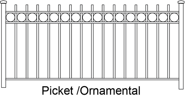 A black and white drawing of a picket / ornamental fence.