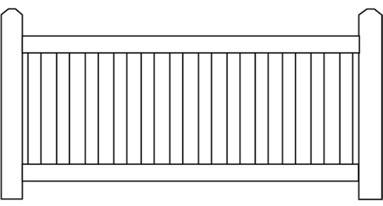 A black and white drawing of a wooden fence with a metal railing.