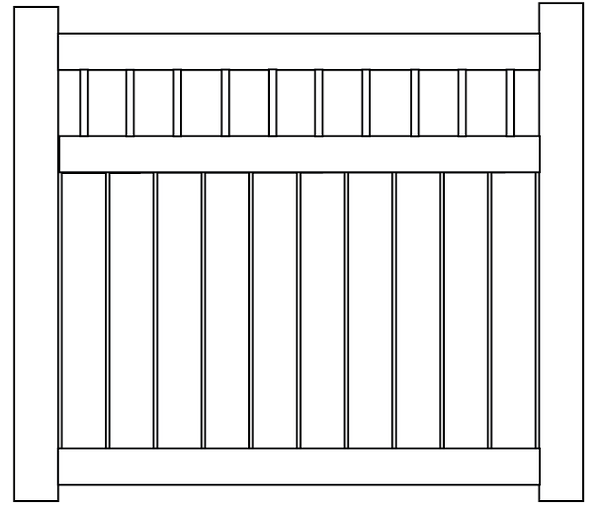 A black and white drawing of a wooden fence on a white background.