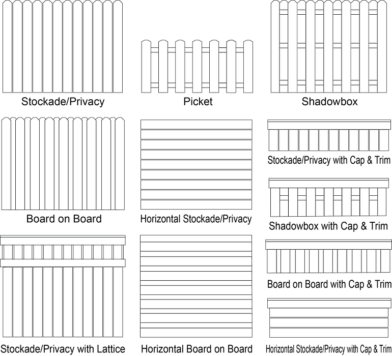 A black and white drawing of different types of fences.