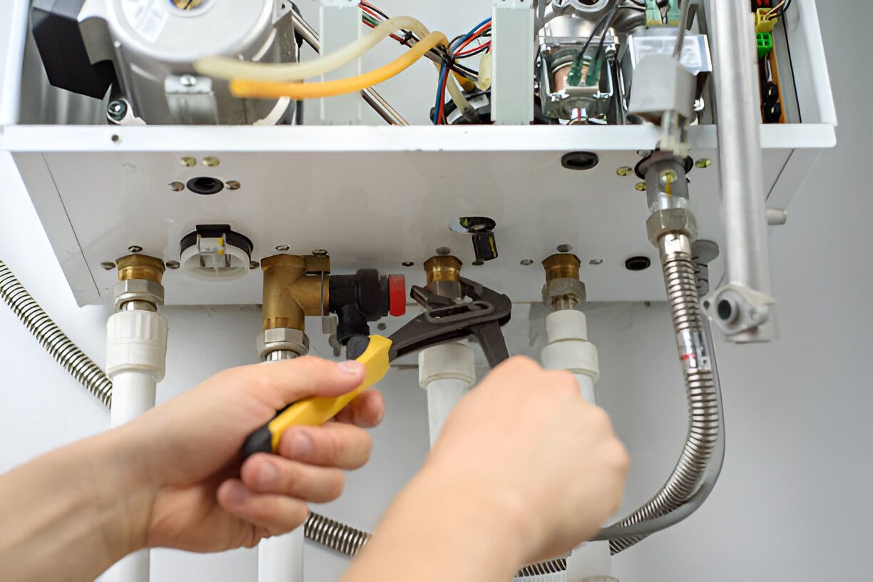 A person is fixing a boiler with a wrench.