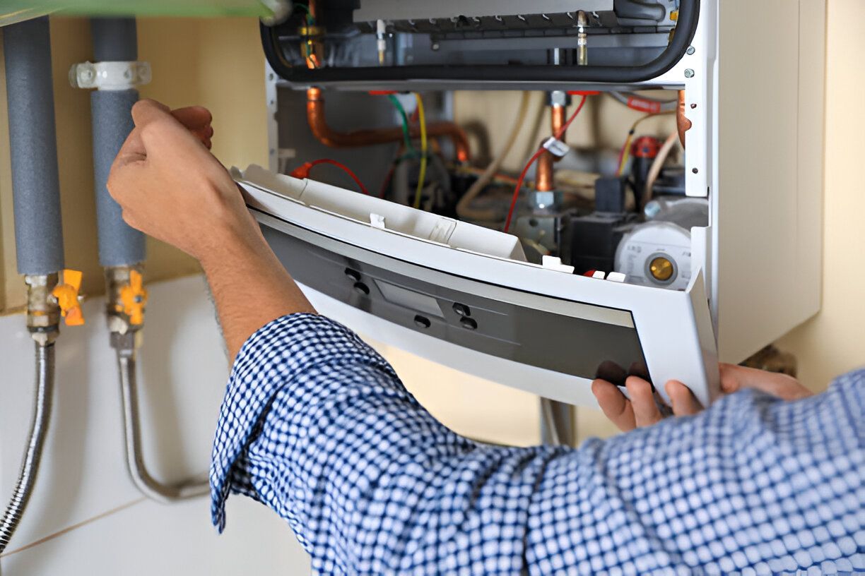 A man is fixing a boiler in a kitchen.