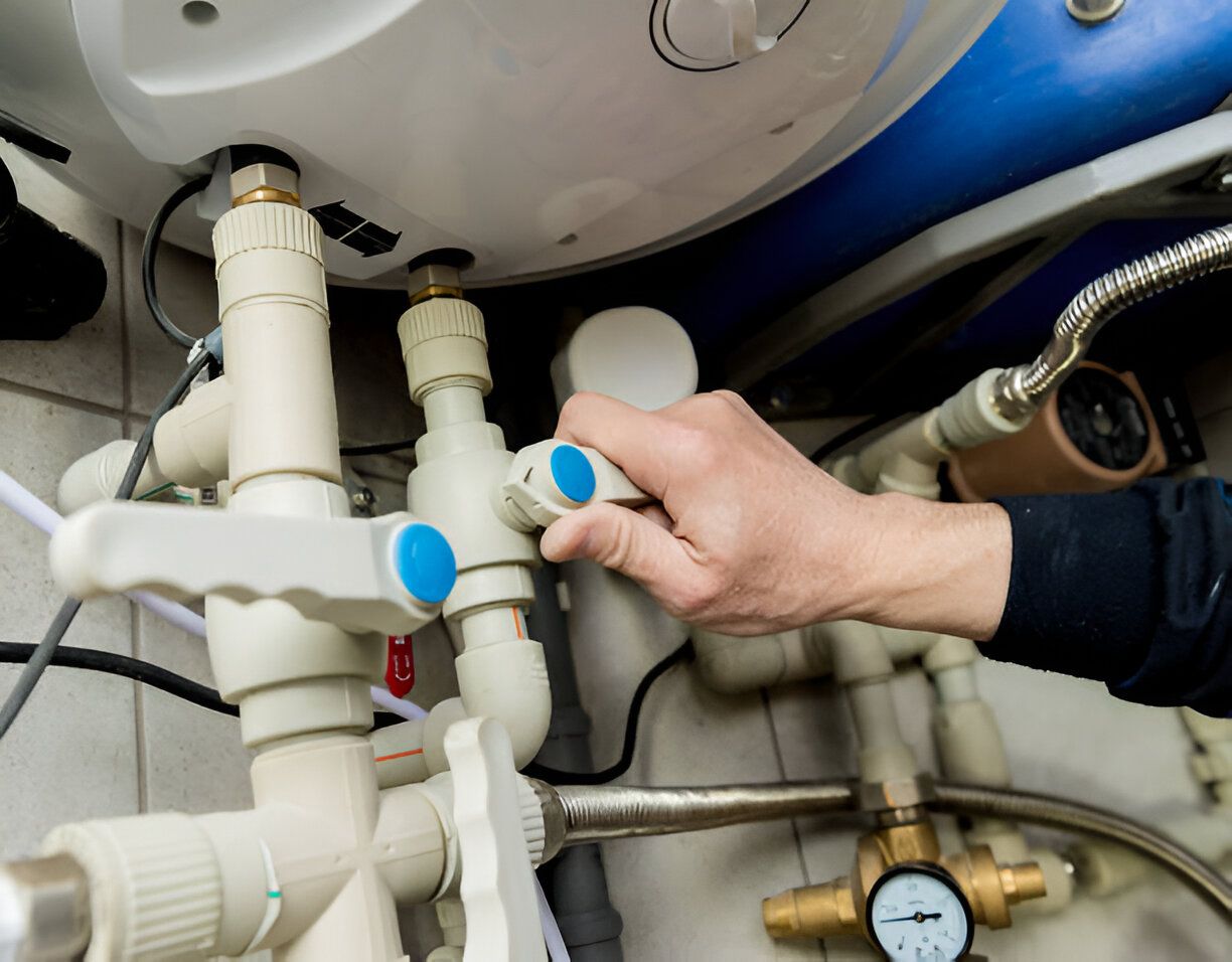 A person is fixing a water heater in a bathroom.