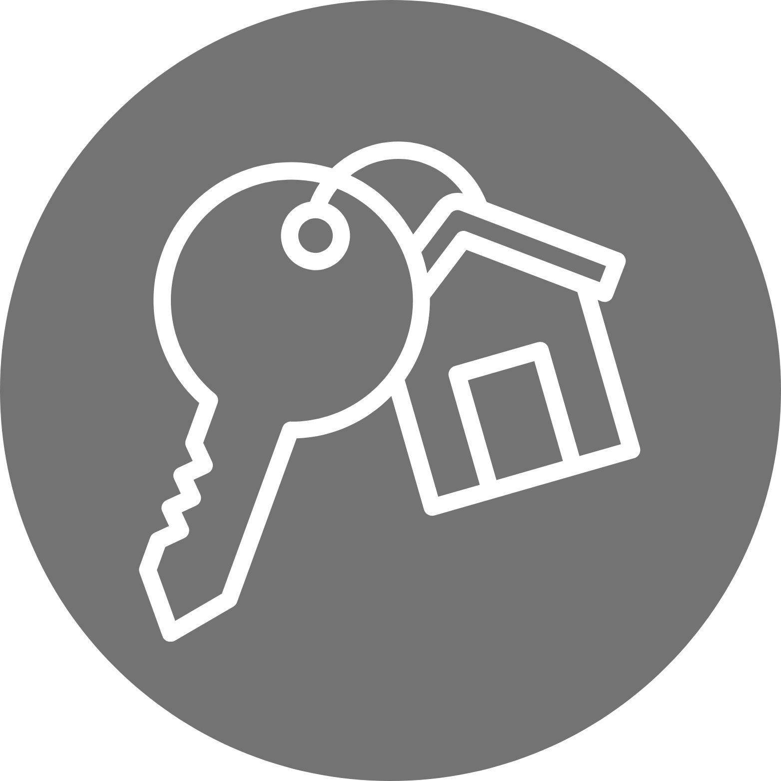 Gray circle with a white key and house keyring.