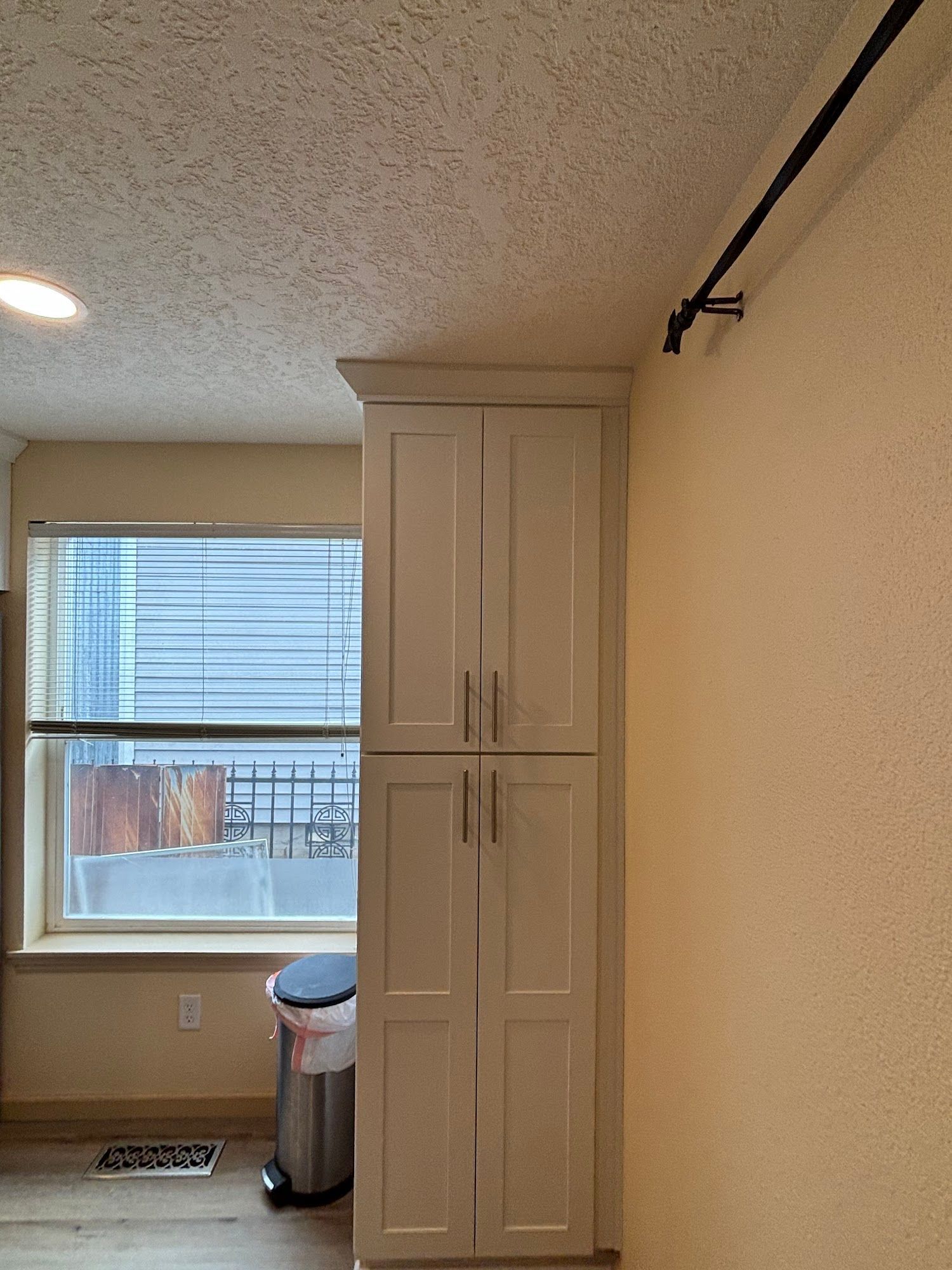 Tall white pantry cabinet against a tan wall. Window to the left, track lighting above.