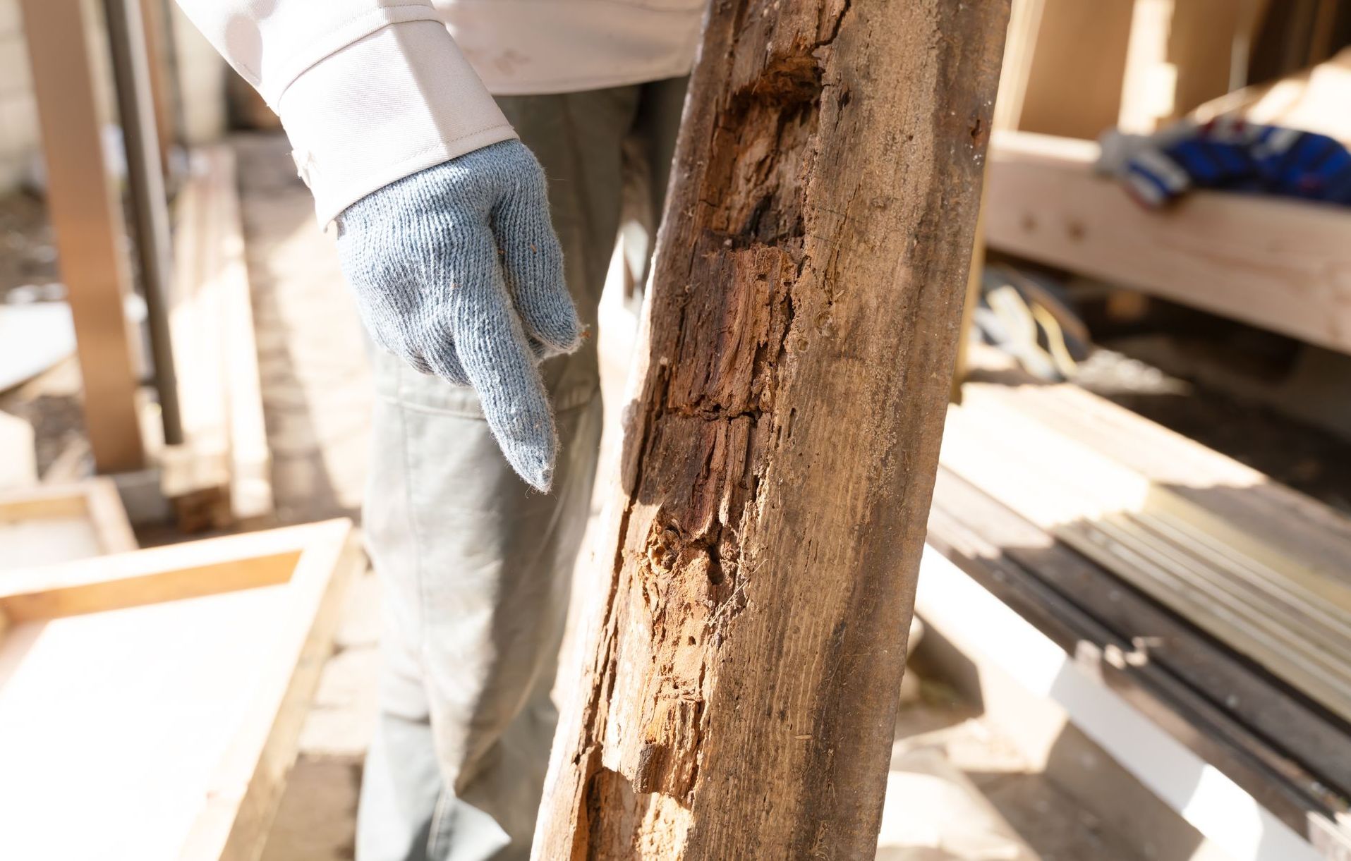 A person wearing gloves is standing next to a tree trunk.