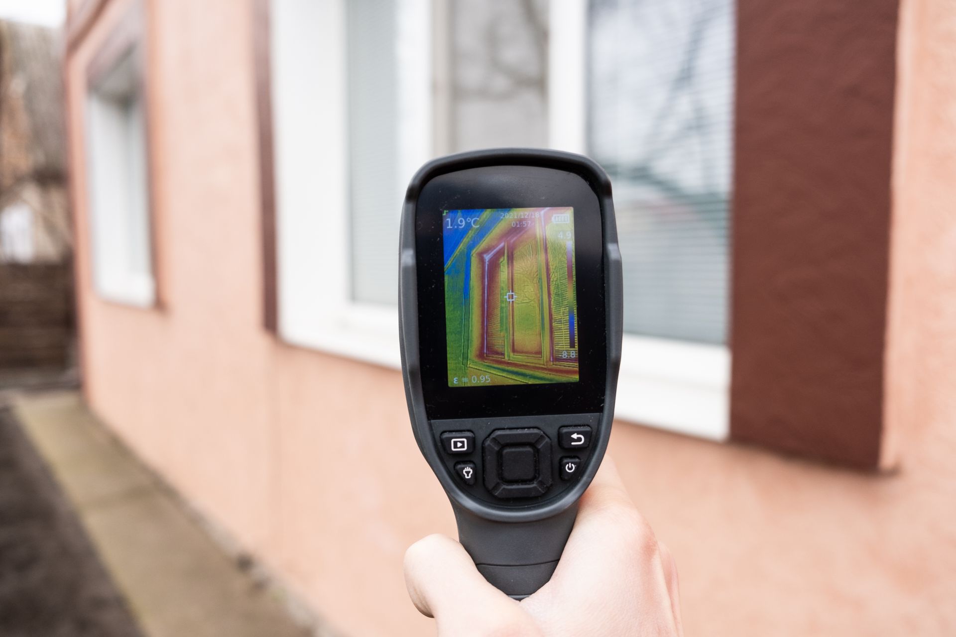 A person is holding a thermal camera in front of a building.