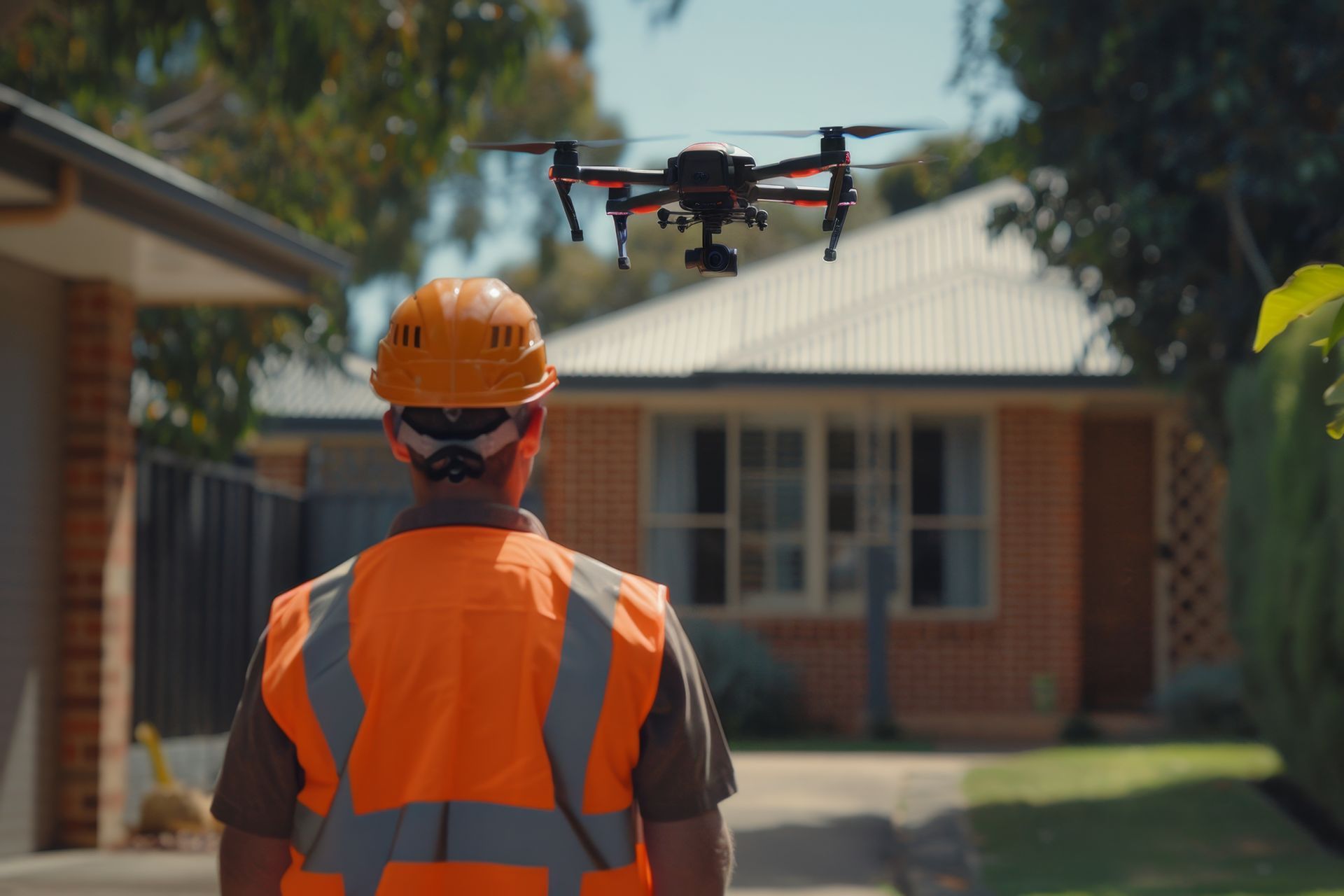 A construction worker is looking at a drone flying over a house.
