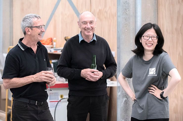 Three People Wear Bright Smiles While Holding Drinks | Upper Hutt, NZ | Hui Kitchens