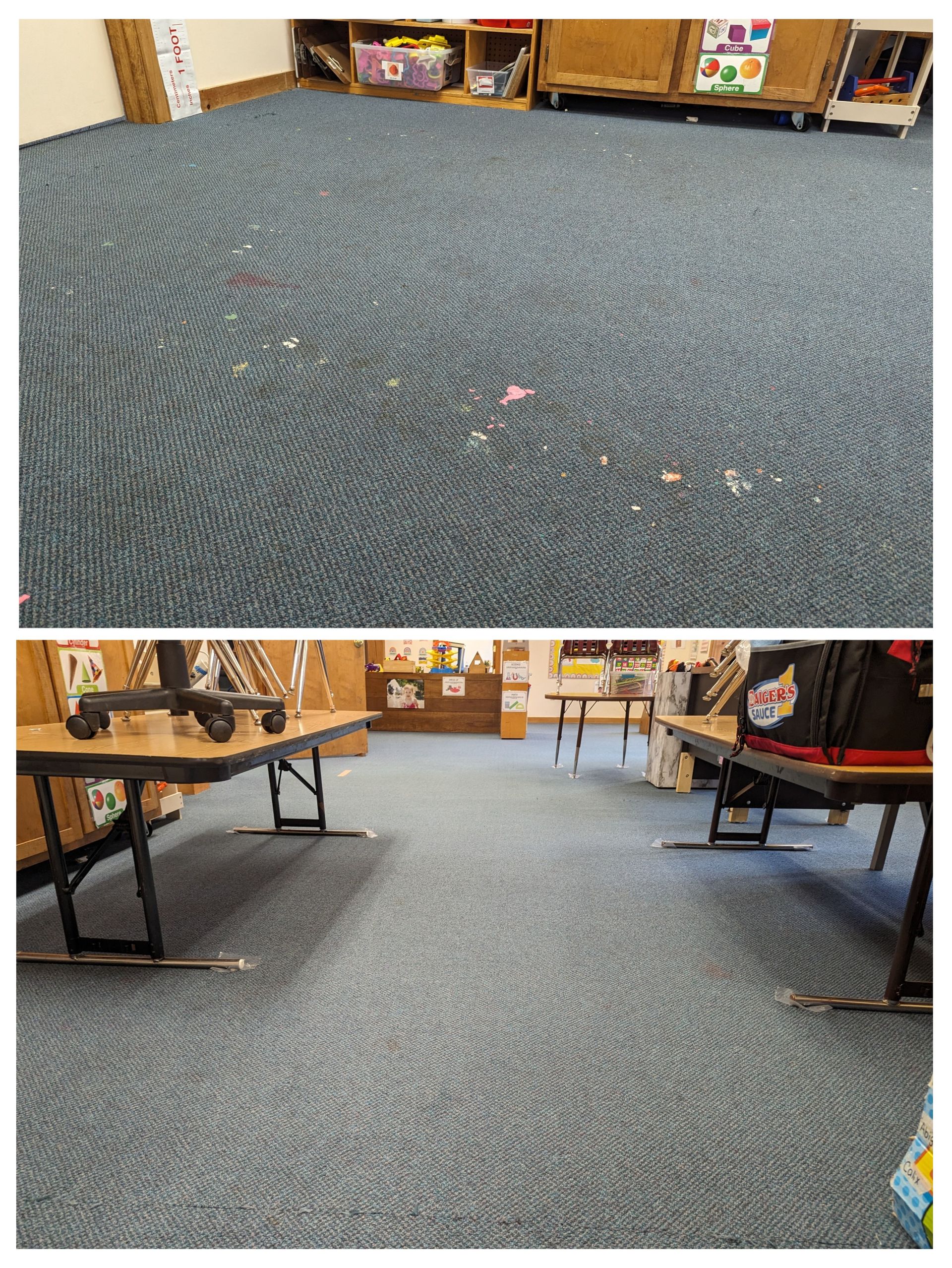 A before and after picture of a dirty carpet in a classroom.