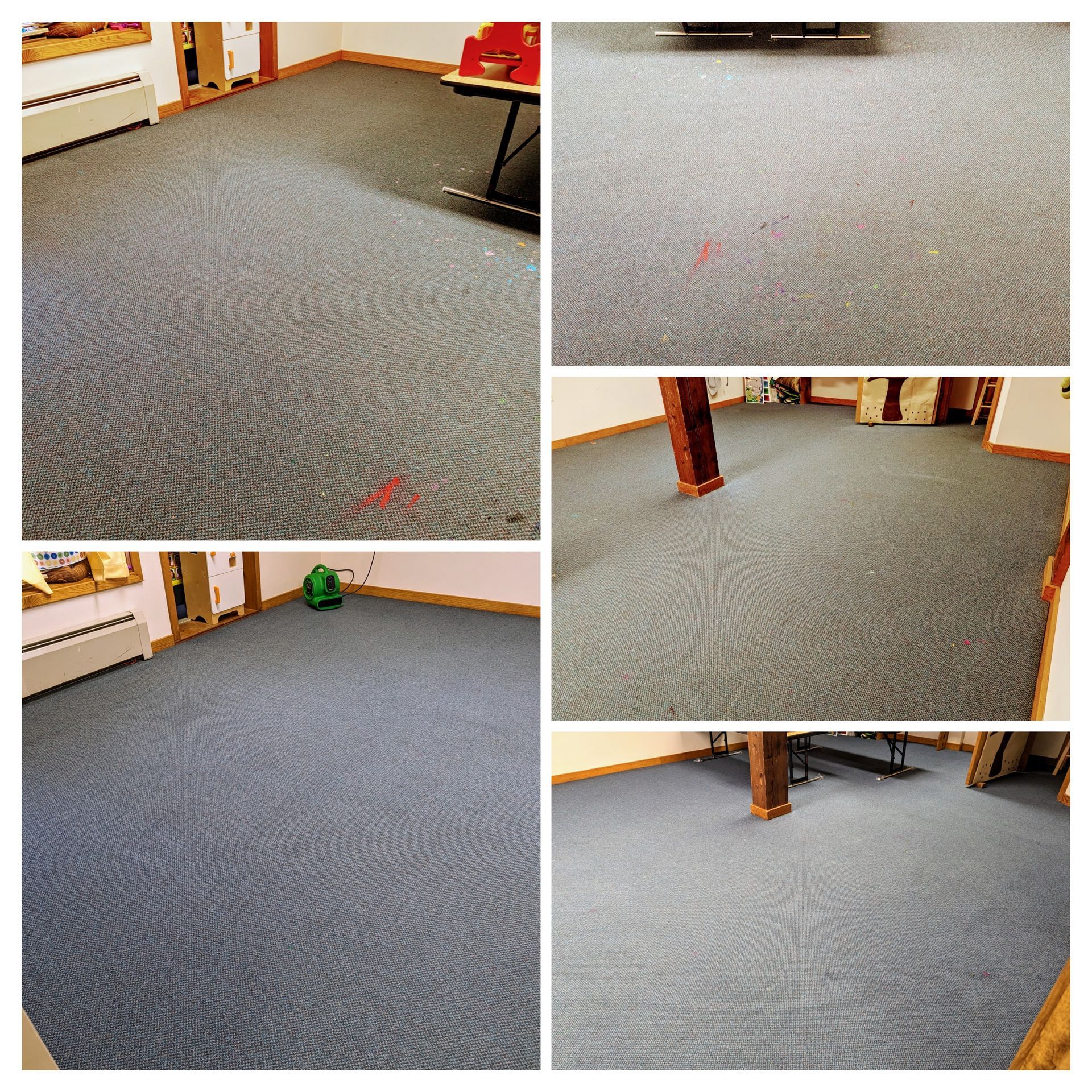 A collage of four pictures of a carpeted floor